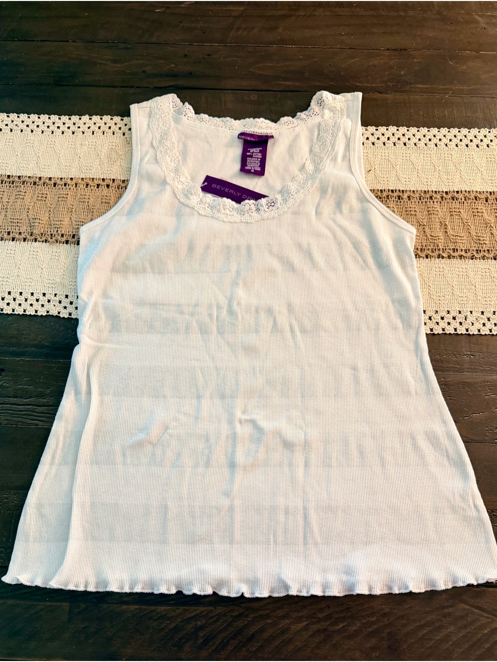 Beverly Drive White and Metallic Thread Lace-Trim Ribbed Tank